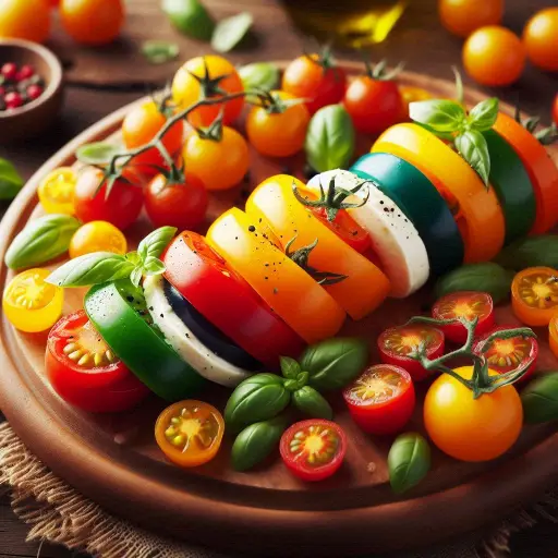 Assiette élégante de Caprese Colorée aux Trois Tomates, mettant en valeur des tranches de tomates rouges, jaunes et vertes, harmonieusement disposées avec de la mozzarella crémeuse, le tout rehaussé par des feuilles de basilic frais et un filet d'huile d'olive, évoquant une symphonie de saveurs estivales.