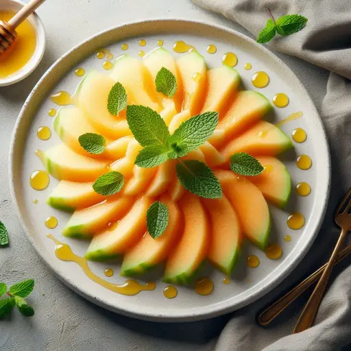 Carpaccio de melon frais, délicatement tranché, présenté par So Harmonie à Arles, mettant en valeur la douceur du melon et l'harmonie des saveurs méditerranéennes