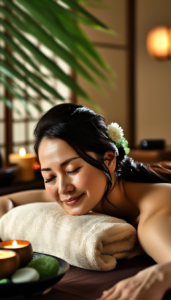 Femme asiatique profitant d’un massage Shiatsu au spa, technique japonaise ancestrale, chez So Harmonie à Arles en Provence, pour une détente profonde.