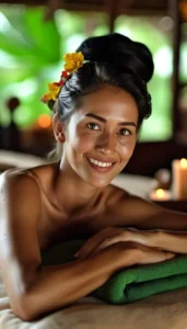 Une femme balinaise se détend lors d'un massage balinais dans un spa, une technique de massage qui trouve ses racines à Bali, apportant une sensation de paix et d'équilibre. À So Harmonie, à Arles, en Provence, nous proposons des soins inspirés de traditions anciennes. Découvrez-en davantage sur notre site so-harmonie.fr.