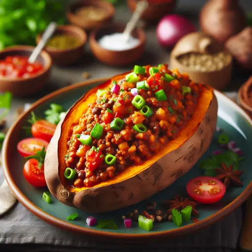 Patate douce farcie au chili végétarien protéiné, garnie d'avocat et de coriandre, présentée sur une assiette colorée, illustrant le concept de 'So Harmonie' avec des ingrédients sains et équilibrés.