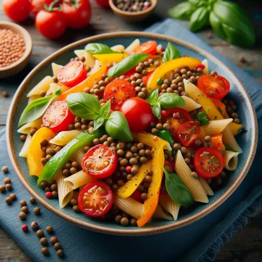 Pâtes Primavera avec des Lentilles, présentées dans un cadre chaleureux à So Harmonie, Arles. Cette photo met en avant un plat coloré et nutritif, alliant des légumes frais et des lentilles, symbolisant une cuisine saine et équilibrée.