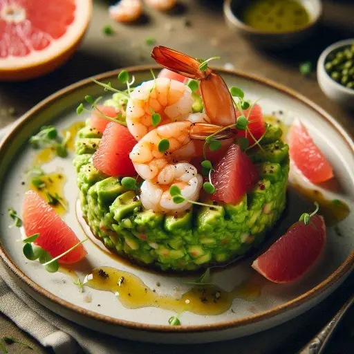 Tartare d'avocat aux crevettes et pamplemousse : un plat détox et revitalisant, en accord avec notre approche corps-esprit holistique à Arles. Cette entrée fraîche et légère, riche en nutriments, soutient notre philosophie de bien-être et d'équilibre, parfaite pour accompagner nos pratiques de médecine douce et naturopathie en Provence.