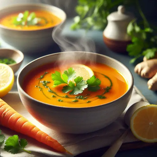 Un velouté de carottes au gingembre, crémeux et coloré, présenté dans un bol élégant, symbolisant l'harmonie des saveurs et la douceur des ingrédients naturels.