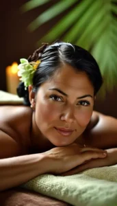 Massage aux pierres chaudes dans un spa à Arles, en Provence, par So Harmonie. Une femme de culture amérindienne profite d'un moment de relaxation profonde, reflétant l'origine ancestrale de cette technique. Découvrez cette expérience sur so-harmonie.fr.