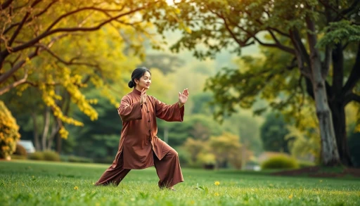 Femme pratiquant le Tai Chi en pleine nature, fusionnant mouvement et sérénité entre les teintes marron, vert et or de l'environnement.